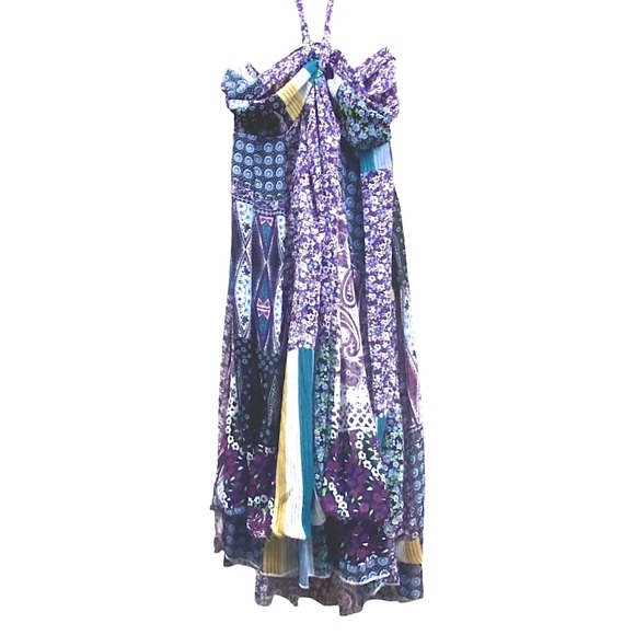Trés Chic Bohemian Multi-Pattern Halter Midi Dress Patchwork Flounce Sundress S - Picture 2 of 16